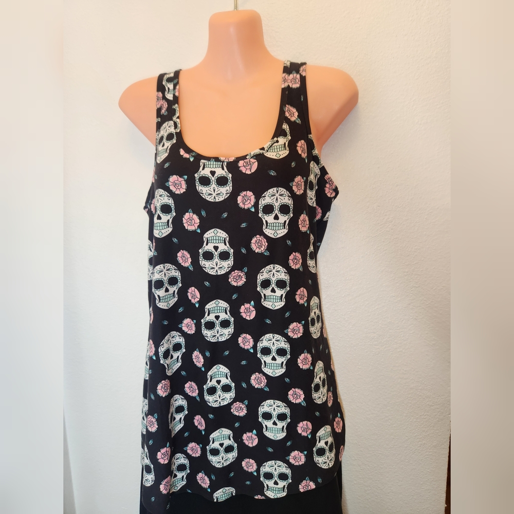NOBO Black Skull and Floral Tank Top